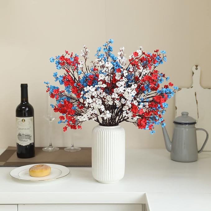Hananona 10 Pcs 4th of July Flowers Artificial Babys Breath Fake Silk Red White Blue Patriotic Flowers for Independence Day Home Decor Floral Arrangement Table Centerpieces (10, Mix)