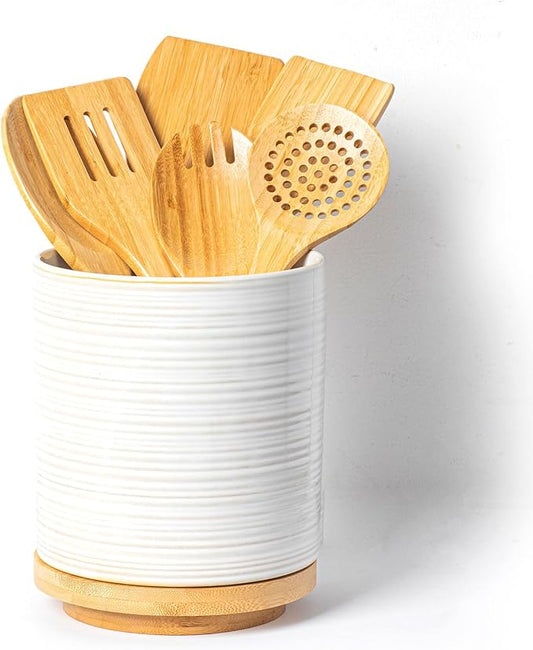 Utensil Holder, Ceramic Kitchen Spatula Holder For Countertop 9-Pcs Set with Spatula, 7.6" Large Utensil Organizer for Spoon, 360° Rotating Cooking Utensil Crocks Farmhouse Kitchen Counter Decor White
