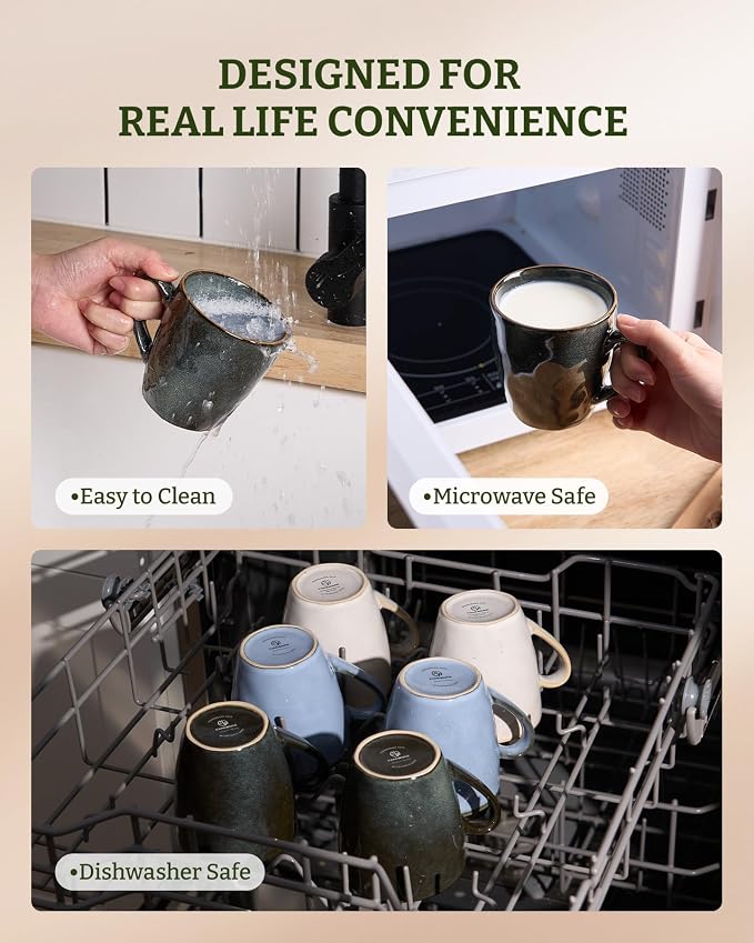 famiware Coffee Mugs Set of 6,Ocean Round 11.5oz Coffee Cup Set with Handle for Cocoa, Milk, Hot Chocolate, Tea or Water, Stoneware Cups for Kitchen, Microwave Dishwasher Safe, Deep Forest