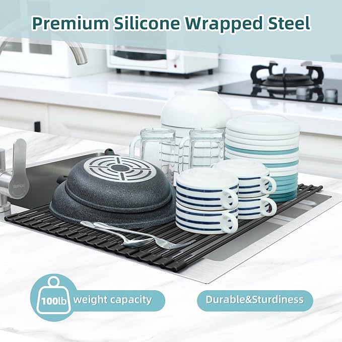 Ohuhu Over The Sink Dish Drying Rack, 20.5" W x 13.1" L Rolling Dish Drainer Foldable Sink Accessories Heat-Resistant Mat Anti-Slip Silicone Coated Dish Racks for Kitchen Counter