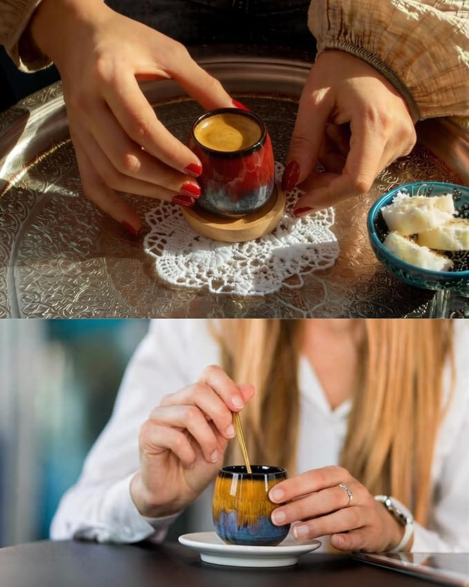 2.7 Oz Mini Espresso Cups Set of 4, Colorful Ceramic Demitasse Cups with Bamboo Coasters, Unique Glaze Mugs for Turkish Coffee, Macchiato, Espresso Martini, Dessert, Dishwasher & Microwave Safe