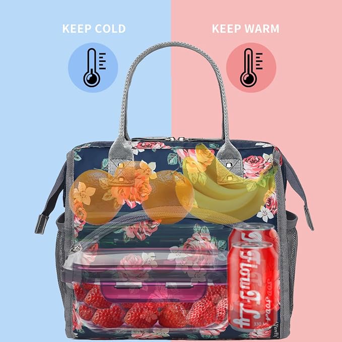 FlowFly Insulated Lunch Bag for Women, Men, Large and Reusable, Handle, Work and Travel Tote and Meal Prep Organizer, Rose