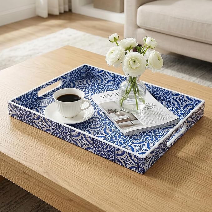 2 Pack Serving Tray with Handles, Rectangular Decorative Trays for Coffee Table, Modern Blue Plastic Ottoman Tray for Living Room, Bathroom, Kitchen, Decor, (Boho Blue)