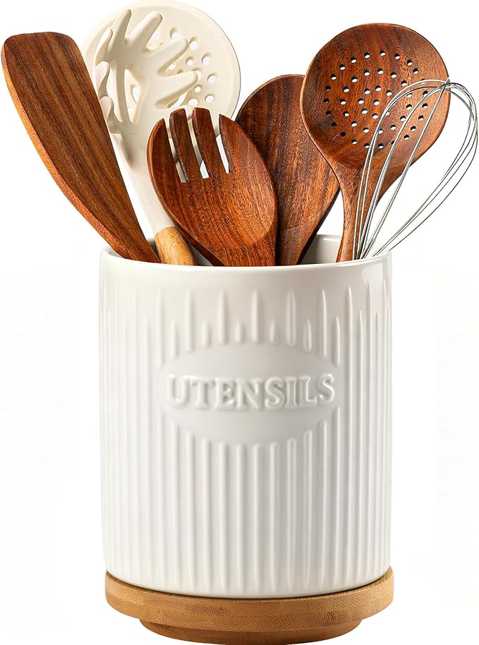 360° Rotating Utensil Holder, 7.6" Large Ceramic Kitchen Utensil Holder for Countertop with Rotatable Bamboo Base, Stable Cooking Utensil Crock, Farmhouse kitchen Decor, White