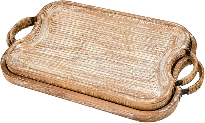 Rustic Wood Serving Tray with Metal Twine Handles Set of 2 Rectangular Decorative Trays Farmhouse Platter for Food, Fruit, and Coffee Great for Bed, Patio, Ottoman, Coffee Table, Kitchen, or Party.