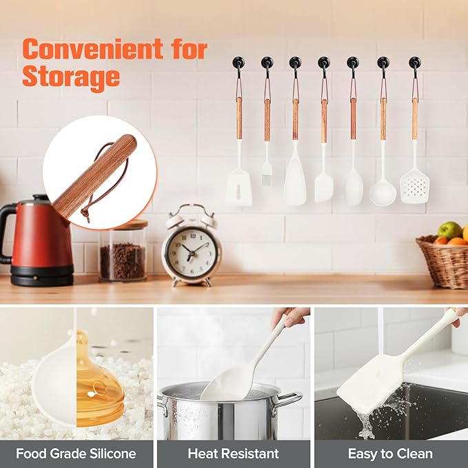 Silicone Utensils Set of 7 with Wooden Handle for Cooking&Baking,No Scratch for Nonstick Cookware,Spatula Spoon,Soup Ladle,Basting Brush,Baking Bowl Scraper,Skimmer,Slotted Spatula,BPA Free (White)