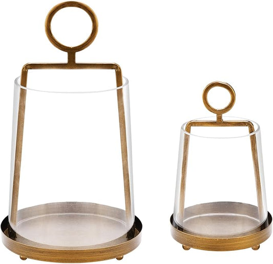9" & 6" Wide Modern Farmhouse Metal Hurricane Candle Holder with Handmade Sturdy Glass Sleeve in VintageBrass for Pillar Candle & Plants, Glass Hurricane Lantern, Industrial, Minimalistic