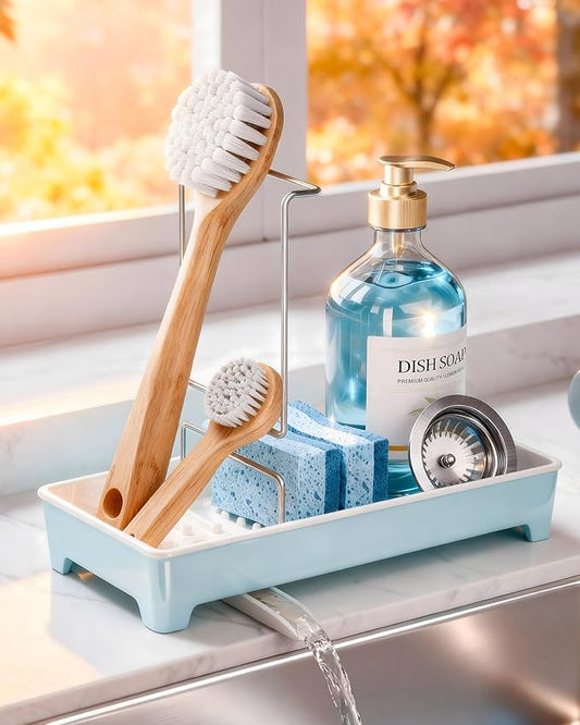 Minimalist Sink Caddy, Rustproof Sponge Holder for Kitchen Sink with 304 Stainless-Steel Brush Holder, Countertop Rack Organizer with Raised Ridges & Silicone Drain Tube (Pastel Blue, Large)
