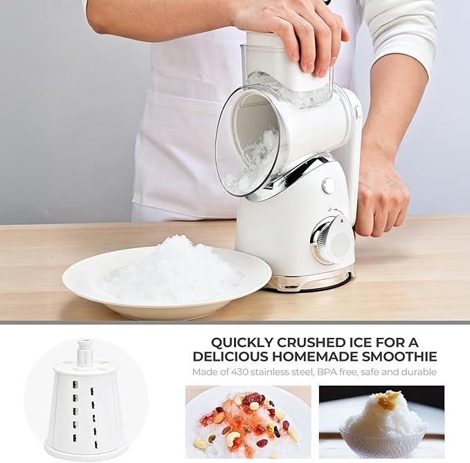 SUSTEAS Rotary Cheese Grater with Handle,Vegetable Slicer with 6 Interchangeable Blades, Reinforced Suction,Easy to Clean,Kitchen Shredder for Crushed Ice,Fruits and Nuts with Blade Storage Case,White