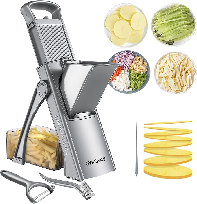 Safe Mandoline Slicer for Kitchen, 6 in 1 Vegetable Chopper, French Fry Cutter For Potatoes, Potato Slicer,Food Chopper,Adjustable Thickness 0.1-8 mm, With Peeler/Cleaning Brush (Deep Gray)