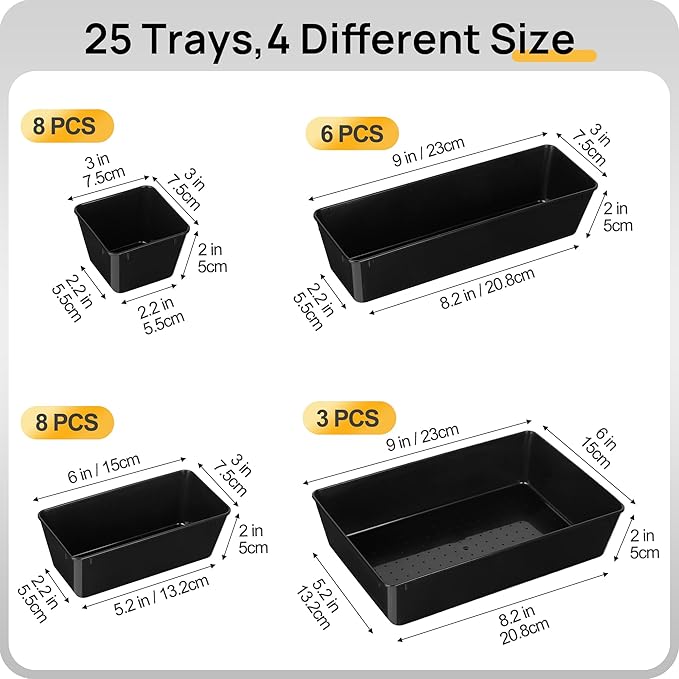 Vtopmart 25 PCS Office Desk Drawer Organizers Set, 4-Size Versatile Plastic Drawer Organizer Trays, Storage Bins for Desk Accessories Office Organizers and Storage, Bathroom, Makeup, Vanity, Black