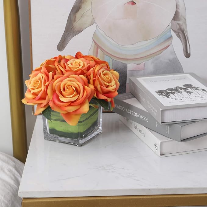 Fule Artificial Velvet Rose Flower Centerpiece Arrangement in vase for Home Wedding Decoration (Orange)