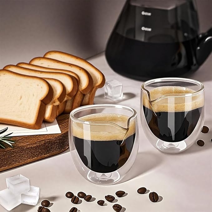 Double Walled Glasses Espresso Cups with Spouts set of 2, 3oz Clear Short Espresso Mugs, Insulated and No Condensation