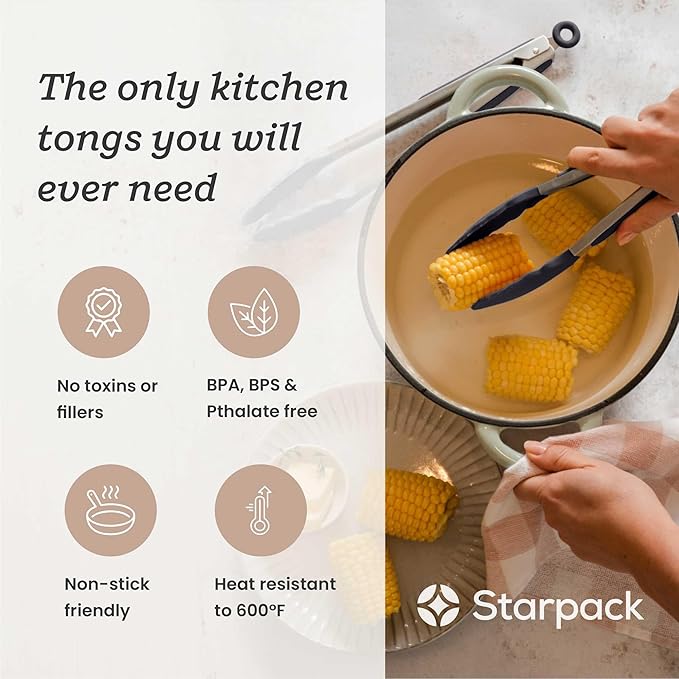 Starpack Get a Grip Silicone Kitchen Tongs (2-Pack, 9" + 12") - LFGB Non Toxic, 600°F Heat Resistant, BPA-Free - Heavy-Duty Stainless Steel, Locking - Dishwasher Safe for Nonstick Cookware Gray Black