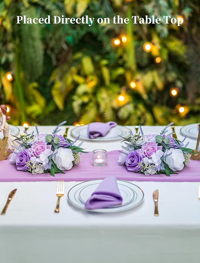 BLOSMON Purple Flowers Artificial for Decoration: 2 Pieces 9.5 Inch Fake Flower Ball Centerpieces for Home Tables - Wedding Lilac White Rose Lavender Fake Silk Kissing Floral Arrangements