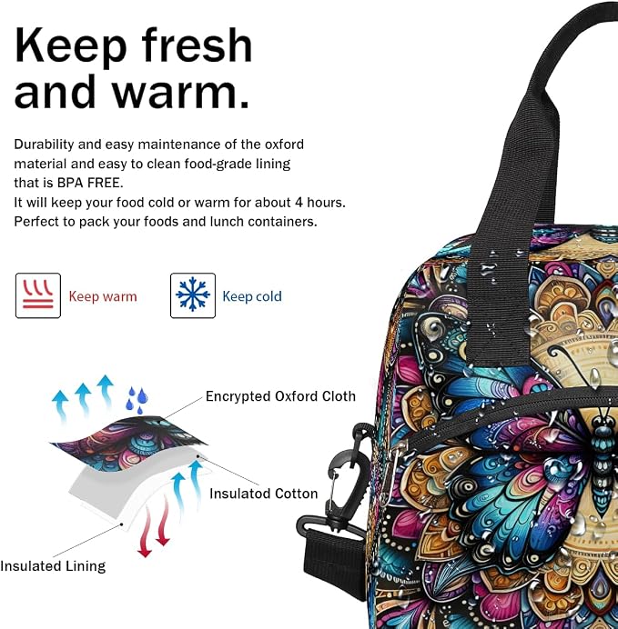Butterfly Boho Colorful Insulated Lunch Bags for Women Girls Adult Ethnic Reusable Lunch Tote Therma Cooler Bag with Shoulder Strap Lunch Box for School Work Office Picnic Meal Prep Bag