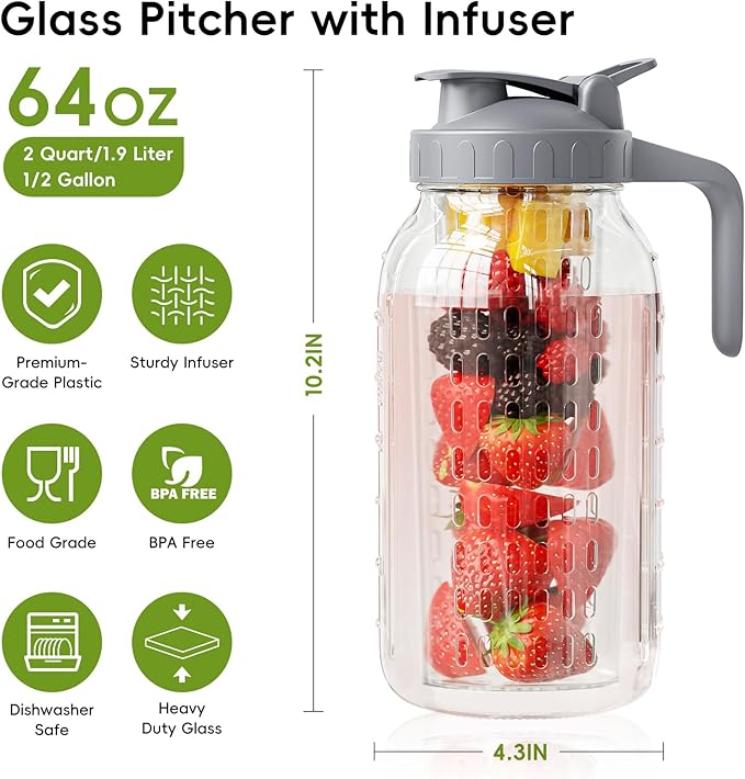 JunVpic Glass Mason Jar Pitcher, 64oz (2 Quart) Wide Mouth Jug with Dual Leak-Proof Pour Spout, Handle Lid for Fruit Drinks, Cold Brew Coffee, Ice Beverage, Iced Juice, Lemonade, Sun Tea Container