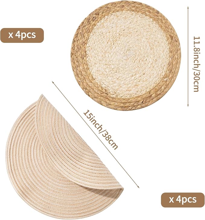 Handmade Round Boho Placemats Set of 4 | Natural Woven & Polyester Braided Combo Table Mats | 8-Piece Versatile Place Mats | Simple Rustic Farmhouse Style Dining Table Decor