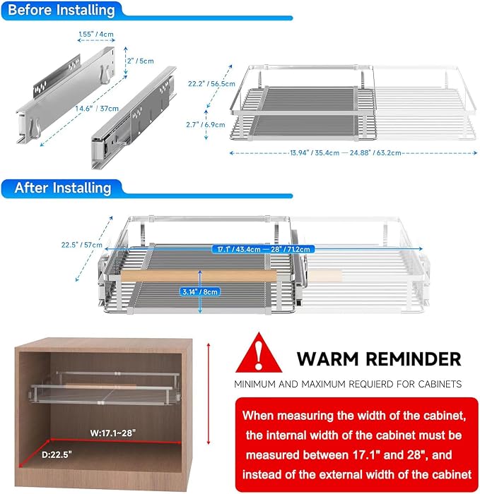 Pull Out Shelves for Kitchen Cabinet, 17.1~28" W x 22.5" D Expandable Slide Out Drawers for Kitchen Organizers and Storage, Pull Out Cabinet Organizer, Stainless Steel, 2Pack