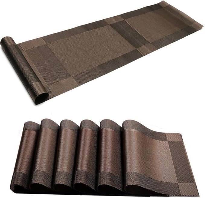Placemats, Washable PVC Table Mats, Woven Vinyl Placemat for Dining Table Place Mats Set (6 Placemats and 1 Table Runner, Brown)