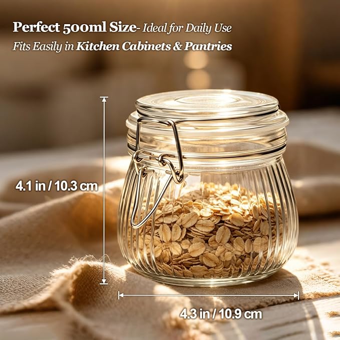 ComSaf 6-Pack 17oz Ribbed Glass Storage Jars with Airtight Clamp Lids, Decorative Wide Mouth Pint Canisters for Jam, Spices, Nuts, Coffee Beans, Snacks, Honey - Kitchen Pantry and Drawer Organization