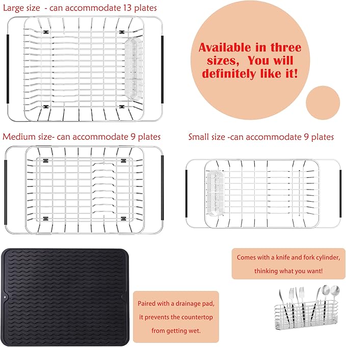 NiuYichee Stainless Steel Dish Drying Rack(15"L x 8.3"W x 4.2"D), Expandable Fruit & Vegetable Drain Rack over Sink, Dish Drainer Rack in Sink, with Stainless Steel Utensil Holder & 16" Silicone Mat