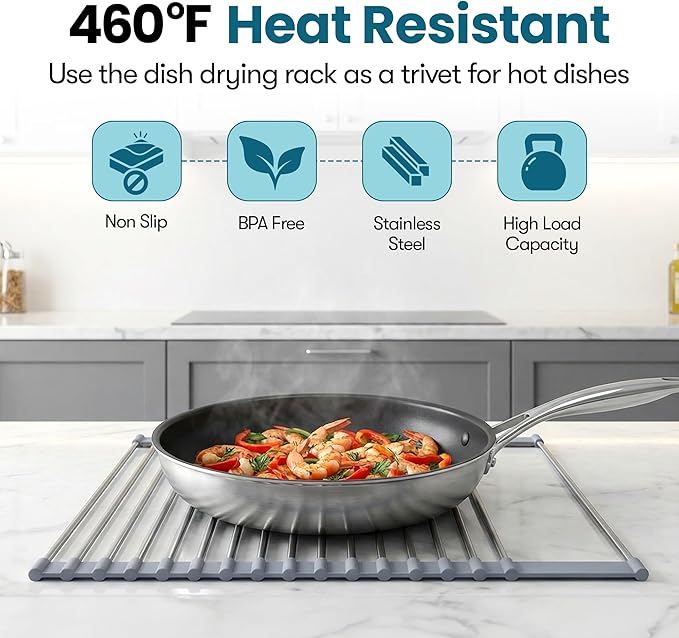 Havenity™ Expandable Roll Up Dish Drying Rack with Drying Mat - Adjustable Up to 22.75" with 2 Free Attachments & 2 Removable Baskets, 304 Stainless Steel Over The Sink Dish Drying Rack Cover Kitchen