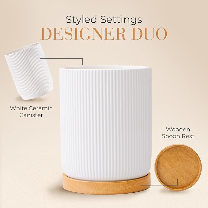 STYLED SETTINGS White Ceramic Utensil Holder with Built-In Wooden Spoon Rest –2PC Set for Kitchen Countertop Organization – Ceramic Utensil Crock & Wood Spoon Rest for Clean, Stylish Cooking