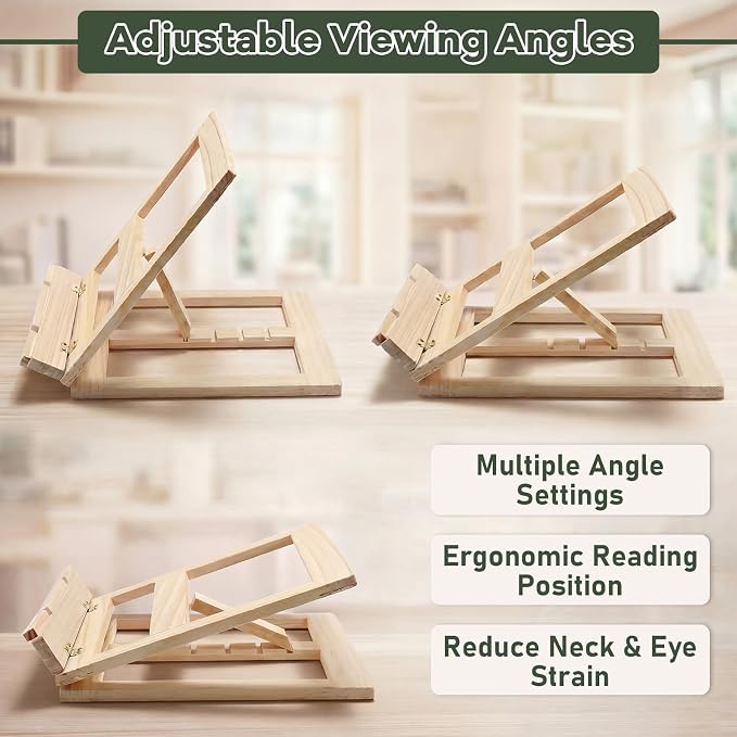 Gerrii Wooden Book Stand with Page Holder Clips Adjustable Foldable Reading Stand for Cookbooks Recipes Textbooks Bible Documents Tablet Solid Pine Wood Hands-Free Set Book Holder for Counter Desk