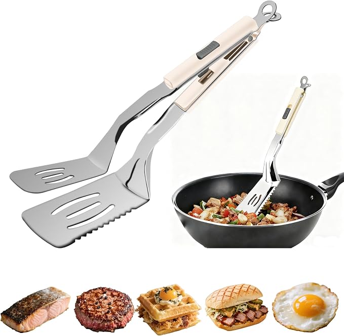 11.5-inch Stainless Steel Tongs for Cooking – Versatile Metal Spatula Tongs for Flipping, Picking Up, Cutting, and Stir-Frying Meats and Other Foods. Kitchen Tongs Durable and Multifunctional(White)