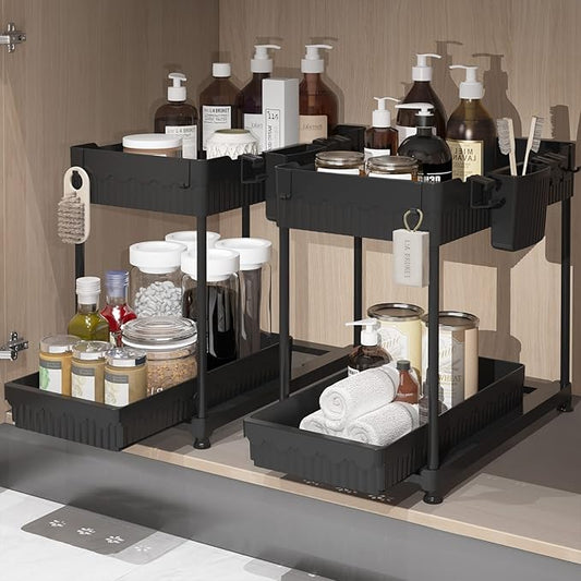 Sevenblue 2 Packs Under Sink Organizer, Height Adjustable 2 Tier Under Kitchen Sink Organizer, Multi-Purpose Storage Shelf for Kitchen Bathroom Cabinet, Deep-Black,12.85 Inches