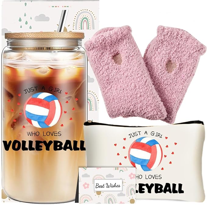 Volleyball Lover Gifts for Women, Volleyball Stuff 16 Oz Ice Coffee Cup with Lid and Straw, Christmas Birthday Gifts Sets for Sports Coaches Players