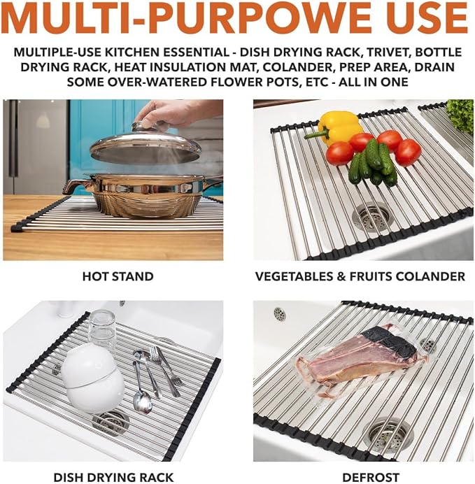 Roll-Up Dish Drying Rack 21"(L) x 16"(W) - Foldable Multipurpose Heat Resistant Large Stainless Steel Kitchen Rollup Dish Drainer Over Sink Mat - Silicone Coated Rims