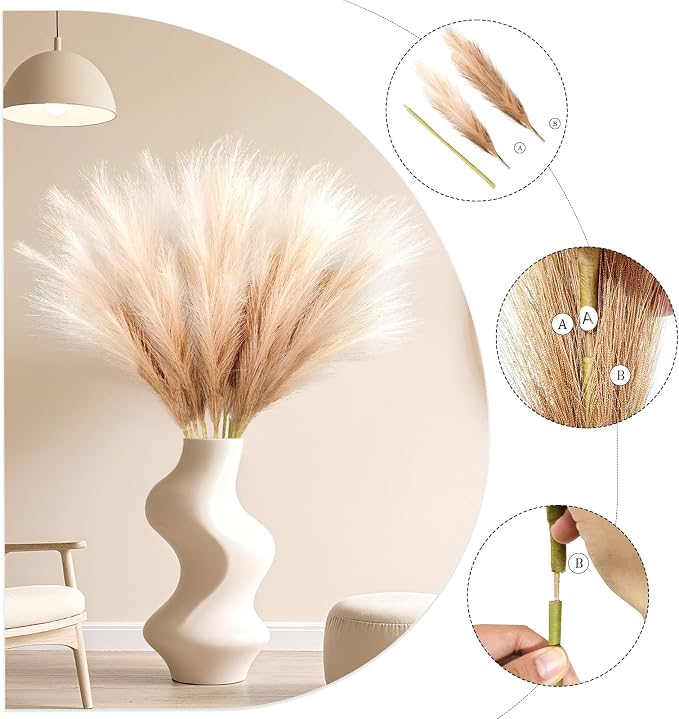 TORONTOKYO 8Pcs Faux Pampas Grass Tall Decor, 35.4” Fluffy Large Artificial Pompous Grass Branches, Bulrush Reed Grass Stems for Floor Vase Filler, Wedding, Baby Shower, Home Boho Decor (Beige Mixed)