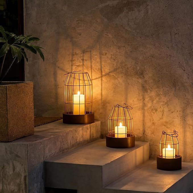 Rustic Farmhouse Lantern Decoration Set of 3, Modern Decorative Lanterns Indoor Outdoor, Metal Candle Holders for Porch Patio Fireplace Mantle Dining Room Table(Light Brown, Gold)