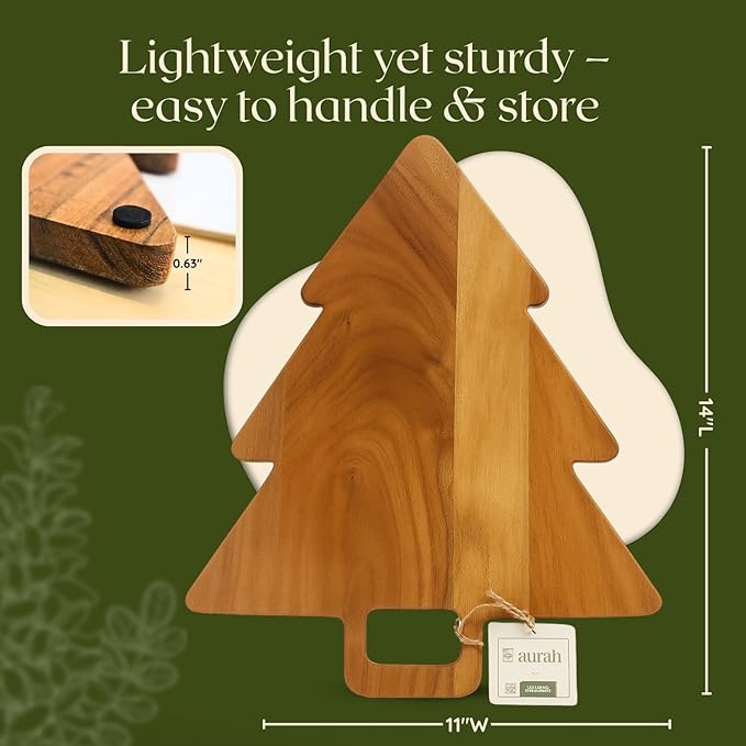 Aurah Acacia Wood Christmas Tree Cutting Board 14x11 Inch - Chopping Board with Handle, Xmas Cheese Appetizer Tray, Wooden Decorative Serving Platter for Kitchen & Holiday Party