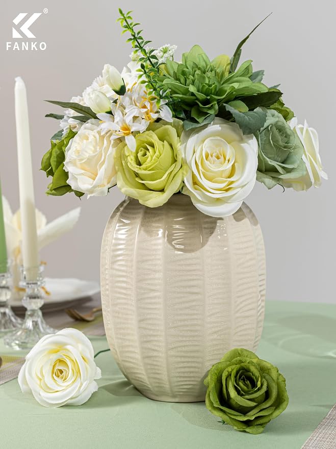 FANKO Artificial Flowers for DIY, Green White Faux Flowers Bouquet, Fake Rose Dahlia Daisy Hydrangea Silk Flowers for Vase, Home Decor, Garlands, Garden Wedding, Party, Housewarming