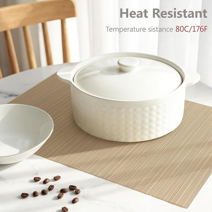 AHHFSMEI Placemats Set of 6 Woven Vinyl Non-Slip Heat Resistant Stain Resistant Easy Clean Place mats for Dining Table(Light Brown)