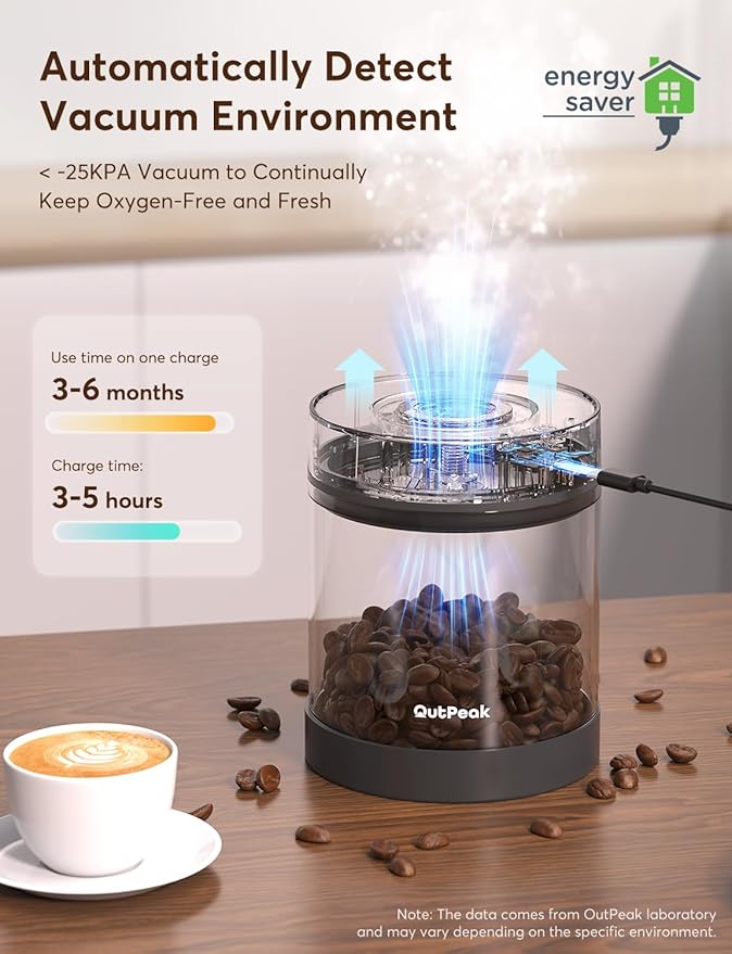 OUTPEAK Latest Kilo Auto Vacuum Coffee Canister, 1.8L for 21.2oz Coffee Beans, One-Button Operation, Stainless Steel Container with Scoop, Fresh 6-Month Storage Container (Barista Champion's Choice)
