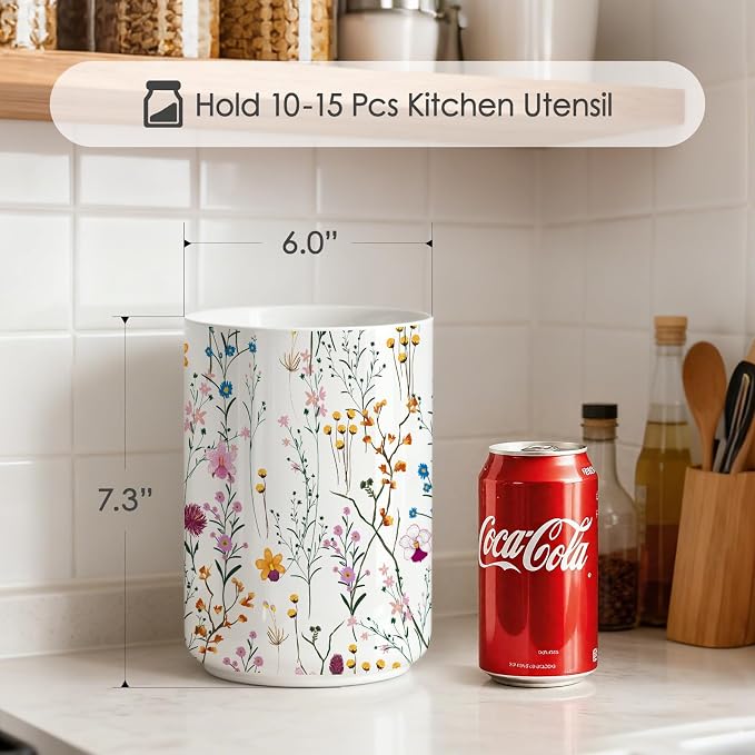 Wildflowers Utensil Holder,Countertop Ceramic Utensil Holder,Large Cooking Utensil Crocks for Kitchen Counter Decor,Ceramic Vase for Kitchen Utensils, H6.3 xD4.7(Wildflowers)