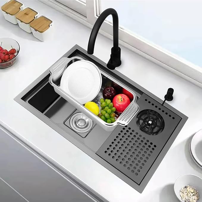 LUEXBOX Expandable Dish Drying Rack Over The Sink, Stainless Steel Drainer Basket with Adjustable Arms for Vegetable and Fruit (Silver)