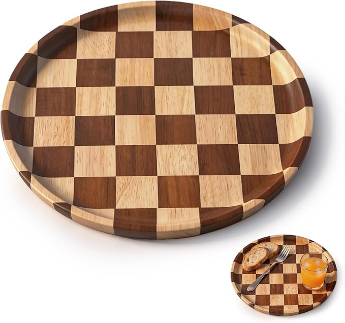 11 Inch Checkered Tray Round Wooden Trays for Decor, Acacia Wood Decorative Plate for Coffee Table, Kitchen Counter, Bathroom Vanity, Candle Holder & Table Centerpiece