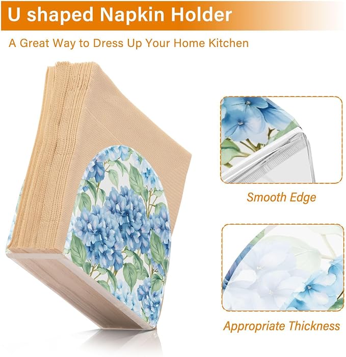 Blue Hydrangea Watercolor Flowers Napkin Holder for Tables Paper Cocktail Napkin Holders for Kitchen and Dinning, Acrylic Dinner Napkin Dispenser for Restaurant Home Decor Bar Accessories 1 Pack