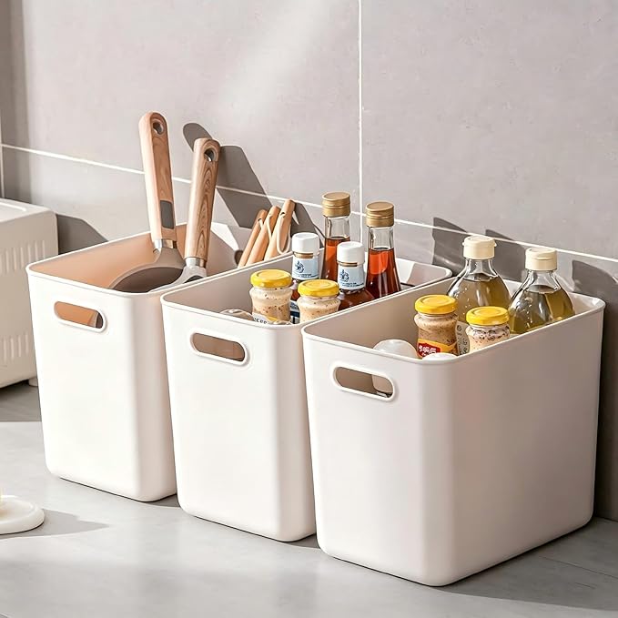 Ytteve 6 Pack Light Grey Plastic Storage Bins with Handles, Durable Organizer - 4 L (11.8"x8"x9.8") & 2 M (11.8"x8"x4.7"), Multi-size Storage Containers for Home, Closet, Shelves, Drawers, Office
