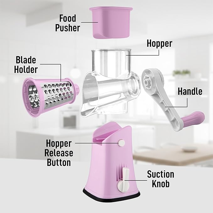 Zulay Kitchen Rotary Cheese Grater 5 Blade Cheese Shredder - Manual Hand Crank Cheese Grater With Reinforced Suction & 5 Interchangeable Drums - Easy to Use, Vegetable Chopper Round Mandoline Slicer