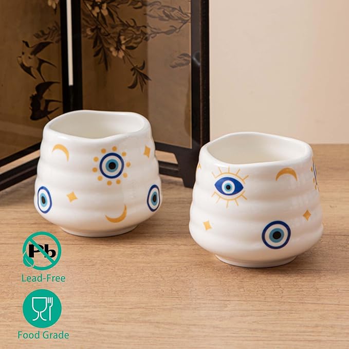 4pcs Japanese Tea Cup Set – Mini Size Cup 5OZ Ceramic Matcha Cup, Handless Espresso Cups, Cute Small Porcelain Coffee Mugs, for Coffee Tea Lovers, Dishwasher & Microwave Safe (Evil Eye)