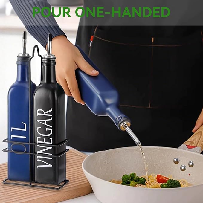 Vakoo Oil and Vinegar Dispenser Set - 17oz/500ml, Extra Thick Glass, Leak-Proof, Olive Oil Dispenser Bottle for Kitchen (Blue Black)