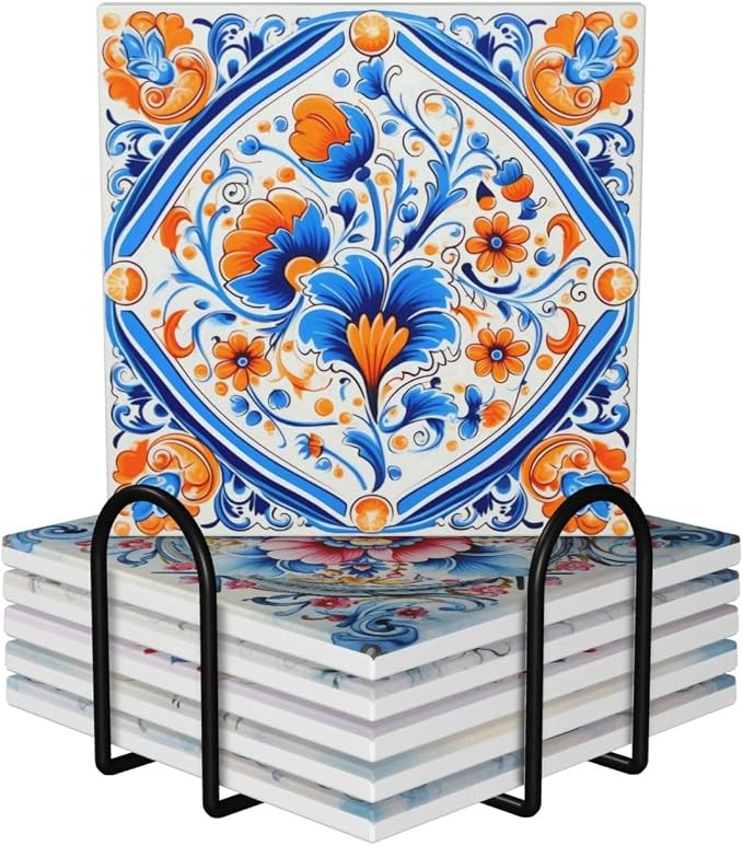 Coaster for Drinks Set of 6, Blue Vintage Spanish Ceramic Floral Absorbent Round Ceramic Stone Mat, with Cork Base and Metal Holder, Gift for Housewarming Room Bar Decor (Ornate Mosaic Tile-6)