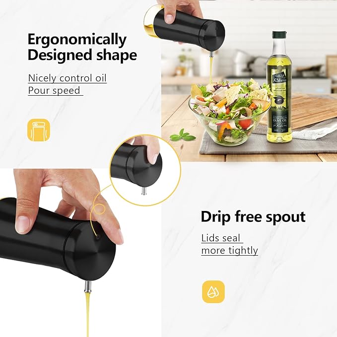 Aelga Black Oil And Vinegar Dispenser Set - 2 Pack Oil Dispenser Bottle for Kitchen with No-Drip - Black Kitchen Decor and Accessories for Home Restaurants Weddings