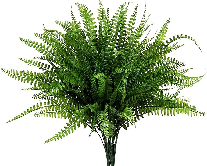 Artificial Boston Ferns Plants, Plastic Persian Grass Faux Shrubs Fake Leaves Simulation Greenery Bushes Home Outdoor Indoor Garden Wedding Decoration Office Yard Verandah Planter Filler – 4 Pack